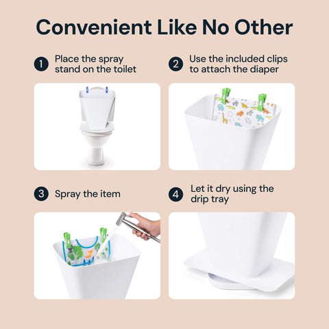 Step-by-step guide on using SimplyImagine's cloth diaper cleaning spray guard with illustrations and text.