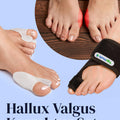 Hallux Valgus correction set by YogaMedic, with foot orthosis and insoles on a blue background