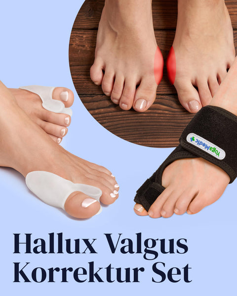 Hallux Valgus correction set by YogaMedic, with foot orthosis and insoles on a blue background