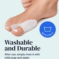 Foot with a YogaMedic toe cushion and text about washability and durability on a light gray background
