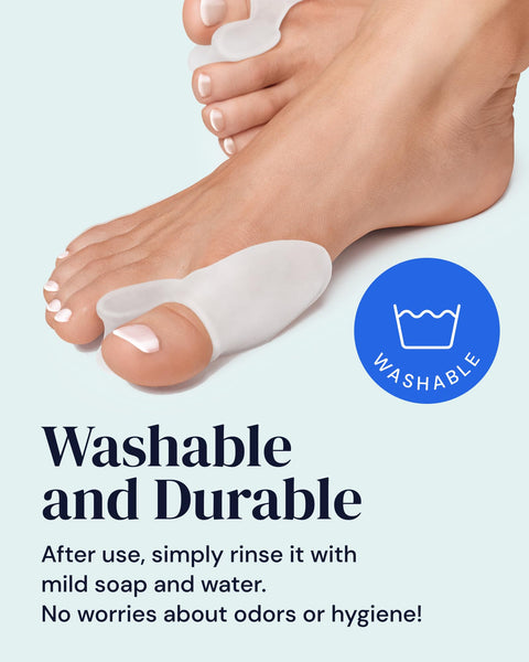 Foot with a YogaMedic toe cushion and text about washability and durability on a light gray background