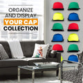 Living room with colorful caps displayed on a Boxy Concepts' hat display shelves, with text 'Organize and display your cap collection'.