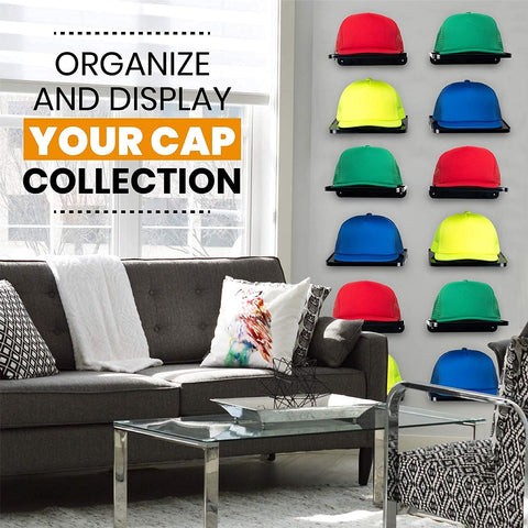 Living room with colorful caps displayed on a Boxy Concepts' hat display shelves, with text 'Organize and display your cap collection'.