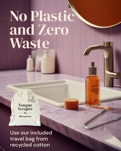 Zero waste bathroom products on a sink with text about plastic-free and zero waste options for YogaMedic's anti-microbial tongue cleaner.