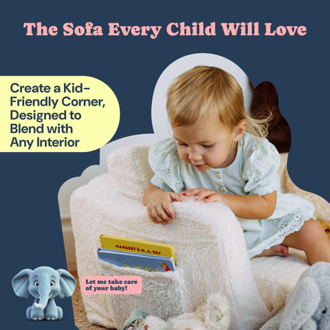 Todale's children's sofa with a child sitting on it, surrounded by toys and books, with text about creating a kid-friendly corner.