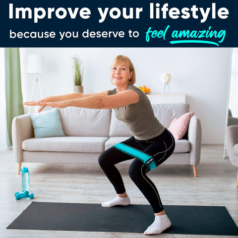 Woman exercising on a mat with text 'Improve your lifestyle because you deserve to feel amazing' in a bright living room, using zenKeyz's resistance bands.