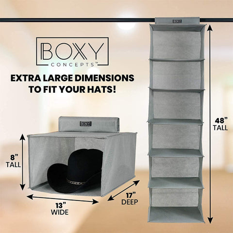 Gray hat organizer with dimensions and 'Boxy Concepts' branding on a beige background