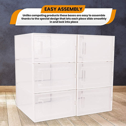 White storage cabinet with easy assembly text on a gray background
