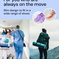 Person in blue scrubs pushing a cart in a hospital setting and another person with a backpack and hiking gear outdoors, with text easy usability and versatility of YogaMedic's big toe bunion corrector.