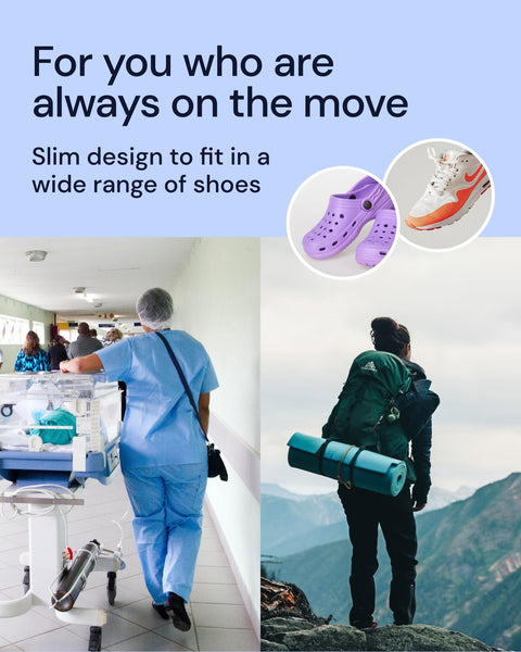 Person in blue scrubs pushing a cart in a hospital setting and another person with a backpack and hiking gear outdoors, with text easy usability and versatility of YogaMedic's big toe bunion corrector.