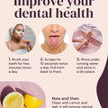 Infographic on improving dental health and oral care with steps and tips, promoting YogaMedics anti-microbial tongue-cleaner.