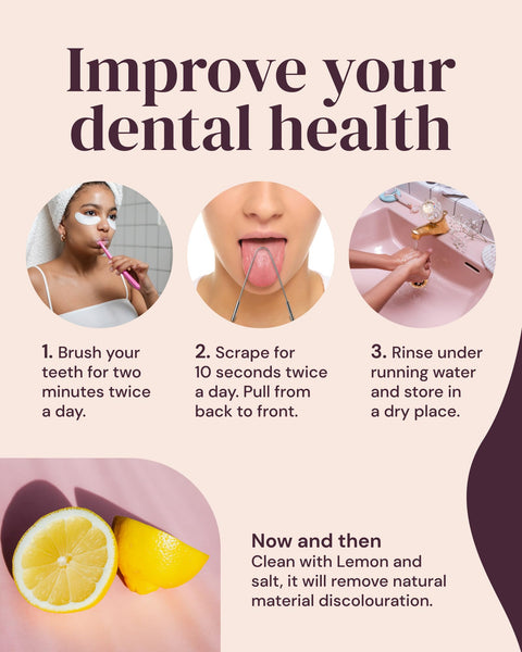 Infographic on improving dental health and oral care with steps and tips, promoting YogaMedics anti-microbial tongue-cleaner.