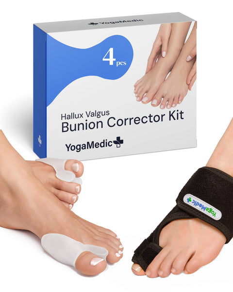 YogaMedic Hallux Valgus Bunion Corrector Kit with packaging and correction devices on a white background