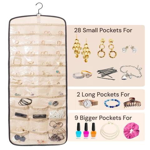 Boxy Concepts' jewelry organizer with various compartments for storing earrings, rings, watches, and other accessories.