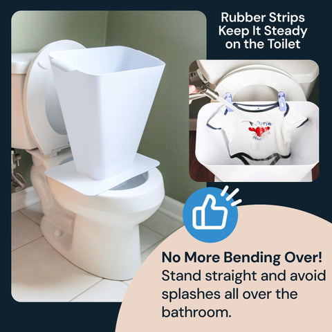 Product advertisement for SimplyImagine's cloth diaper cleaning spray guard with rubber strips to keep it steady on the toilet.