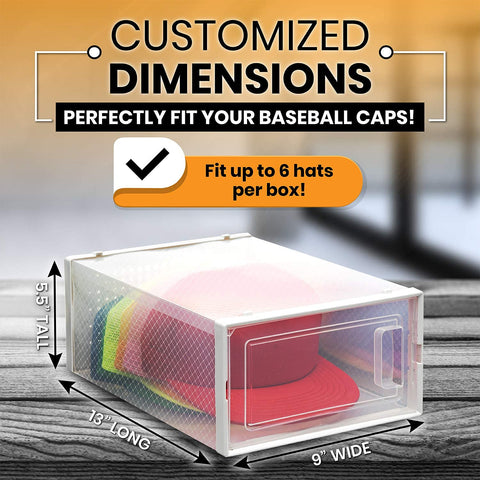 Boxy Concepts' clear hat storage box with dimensions and text indicating it fits up to 6 baseball caps.