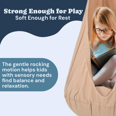 Child in a therapeutic, beige rocking/swinging indoor hammock by Todale, with text about its benefits for sensory needs.