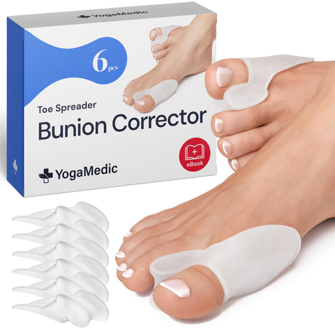 YogaMedic bunion corrector packaging with a foot model and product pieces on a white background