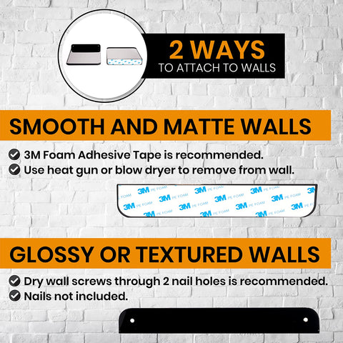 Instructions for attaching a Boxy Concepts' hat display shelves to smooth, matte, glossy, or textured walls with 3M adhesive tape and drywall screws.