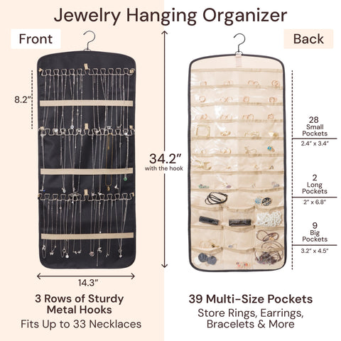 Boxy Concepts' jewelry hanging organizer with front and back views, showing dimensions and features.
