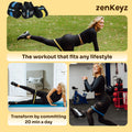 Advertisement for zenKeyz fitness products featuring a woman exercising outdoors and indoors.