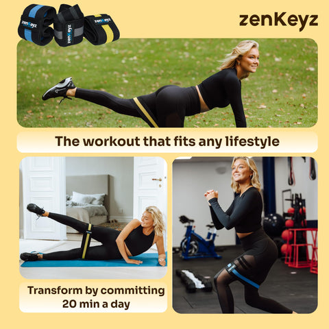 Advertisement for zenKeyz fitness products featuring a woman exercising outdoors and indoors.