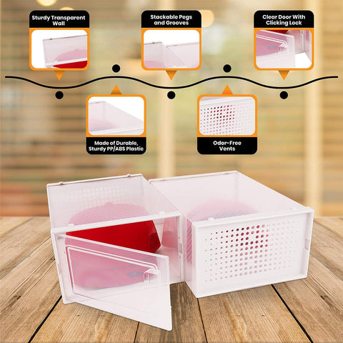 Boxy Concepts clear baseball cap storage box with clear lid on a wooden surface, featuring text highlights on features.