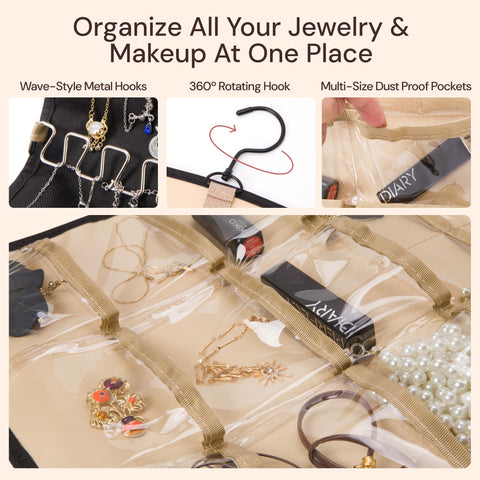 Boxy Concepts' jewelry and makeup organizer with various hooks and compartments.