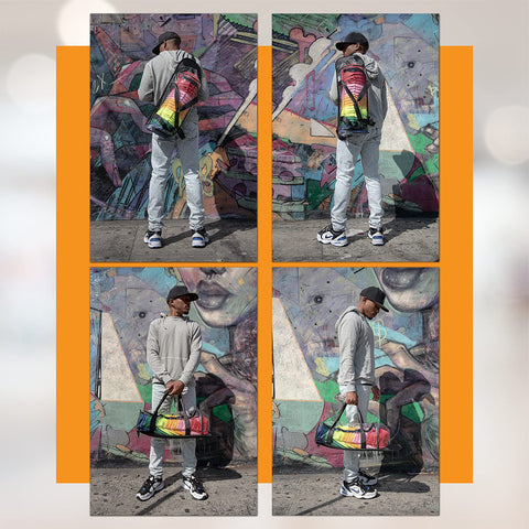 Four-panel collage of a person holding a transparent Boxy Concepts' hat bag in front of a mural.