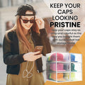 Woman holding a phone with text about baseball Boxy Concepts' hat storage boxes