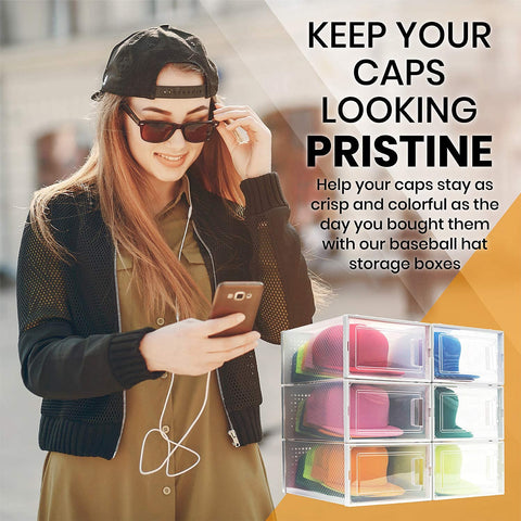 Woman holding a phone with text about baseball Boxy Concepts' hat storage boxes