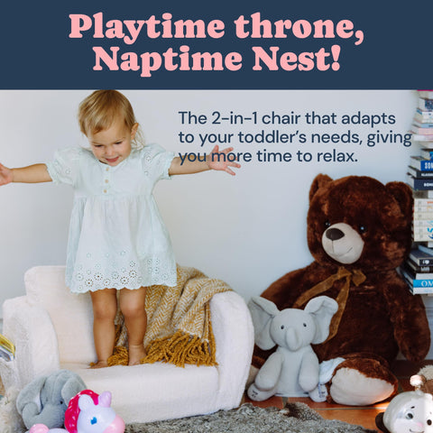 Child standing on Todale's lounge chair  for kids that transforms into a bed, with toys and a teddy bear, promoting the 2-in-1 chair for toddlers.