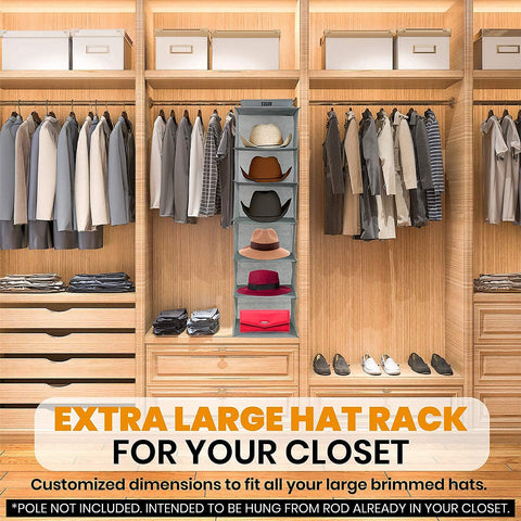 Wooden closet with Boxy Concepts' extra large cowboy hat rack, with text promoting a hat rack for closets.