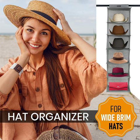 Woman wearing a wide-brimmed hat with Boxy Concepts' cowboy hat organizer foldable closet shelf on a beach background.