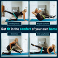 Woman exercising with resistance bands in a bedroom setting, demonstrating various fitness moves using zenKeyz's resistance bands