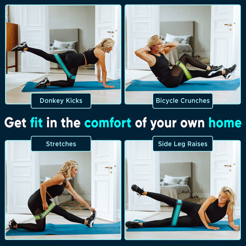 Woman exercising with resistance bands in a bedroom setting, demonstrating various fitness moves using zenKeyz's resistance bands