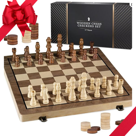 Wooden Chess & Checker Set Board Game