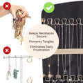 Boxy Concepts' jewelry organizer with necklaces, showing a comparison of a disorganized pile versus an organized hanging system.