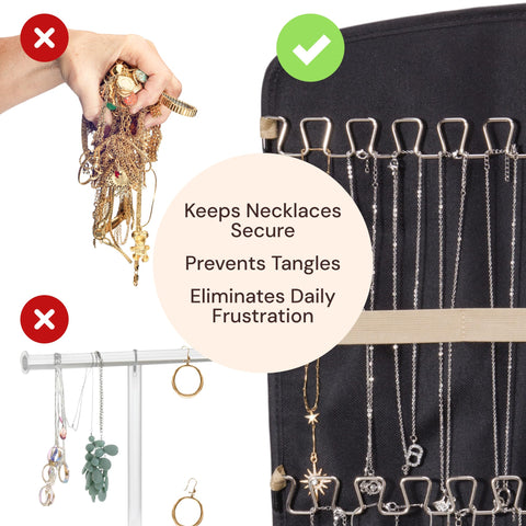 Boxy Concepts' jewelry organizer with necklaces, showing a comparison of a disorganized pile versus an organized hanging system.