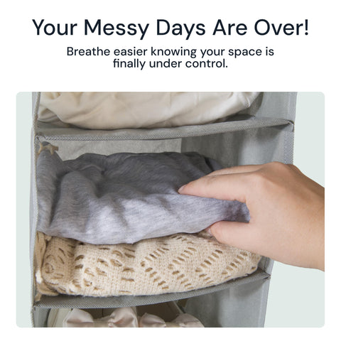 Hand reaching into a foldable shelf of an organizing closet shelf, filled with clothes, with text indicating organization benefits.