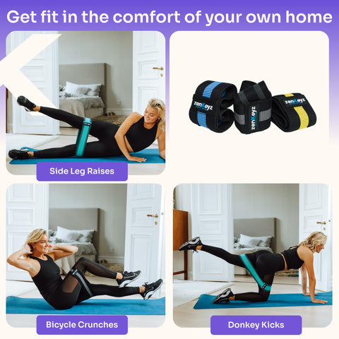 Woman exercising with zenKeyz's resistance bands in a home setting, featuring text promoting home workouts.