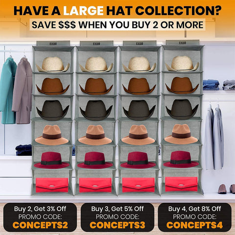 Boxy Concepts' hat organizer with various hats displayed on a shelf, promotional text about buying multiple hats for savings.