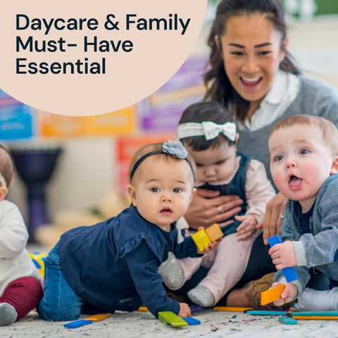 Children playing with toys on the floor in a daycare setting, with a woman smiling.