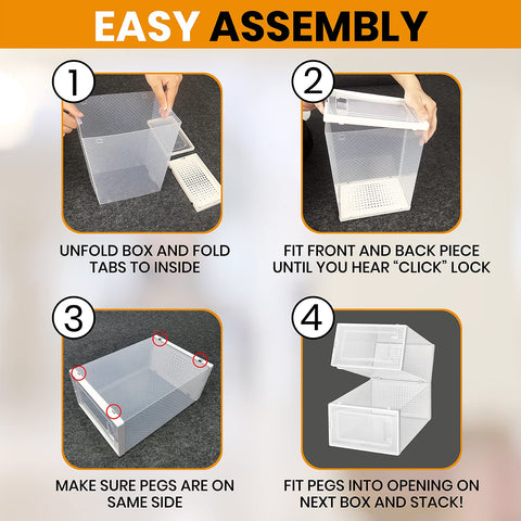 Step-by-step assembly instructions for Boxy Concepts' clear storage box for hats, with labeled steps.