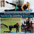 Woman exercising with resistance bands in various settings with promotional text overlay, using zenKeyz's resistance bands