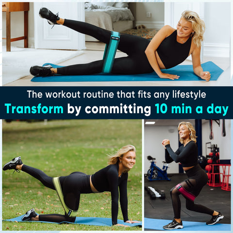 Woman exercising with resistance bands in various settings with promotional text overlay, using zenKeyz's resistance bands