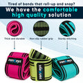 Three resistance bands in pink, green, and blue with 'zenKeyz' branding, highlighting features like thick durability, non-slip grip, and sturdy stitching.