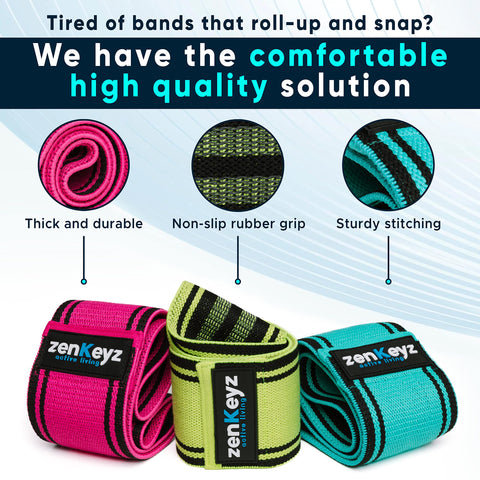 Three resistance bands in pink, green, and blue with 'zenKeyz' branding, highlighting features like thick durability, non-slip grip, and sturdy stitching.