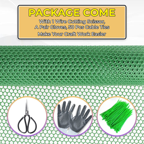 Green Plastic Chicken Wire Fence Roll with Scissors & Gloves