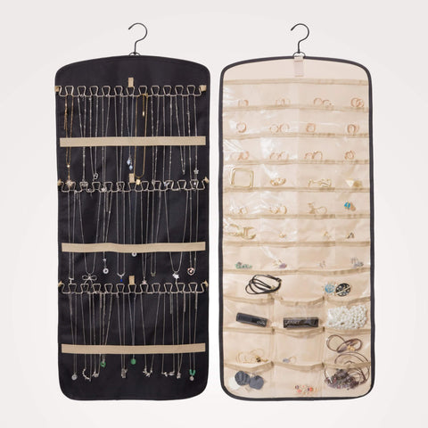 Boxy Concepts' double-disded jewelry organizer, front and back, with hanging jewelry displayed.